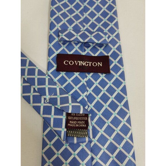 Covington Blue Plaid Mens Necktie Polyester Hand Made Geometric Squares - Picture 3 of 7